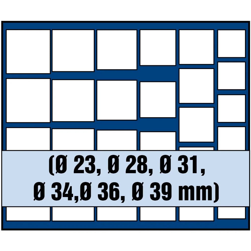 Grid illustration of Nova coin tray with white squares representing the compartments and written maximum coin diameters on a white background
