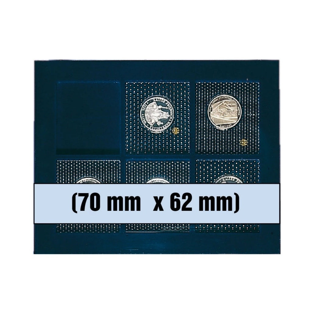 Image of blue velvet coin tray with compartments holding coins and the dimensions 70mm x 62mm written on a white background