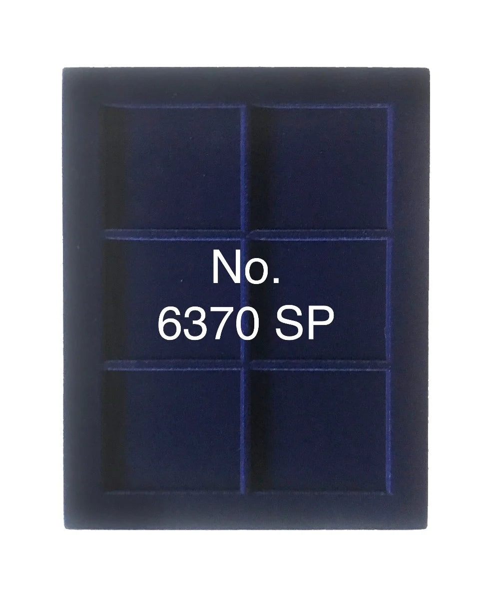 Overhead shot of a blue velvet tray and rectangular compartments for coin collections and the product SKU written on a white background