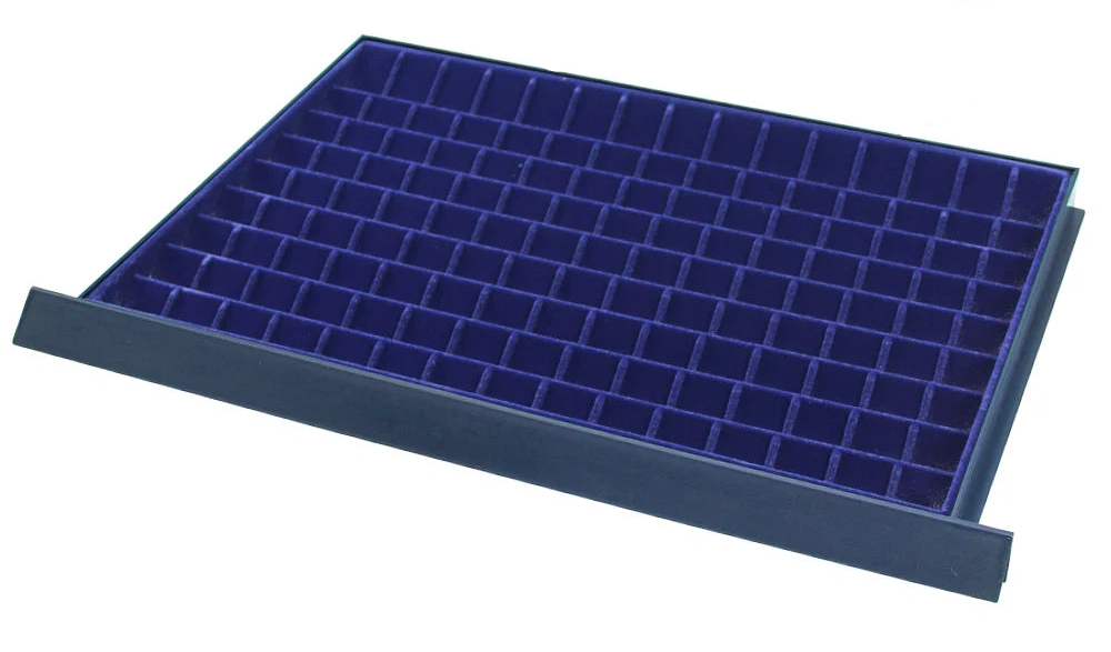 Coin display drawer tray with blue velvet interior, and multiple compartments on a white background.