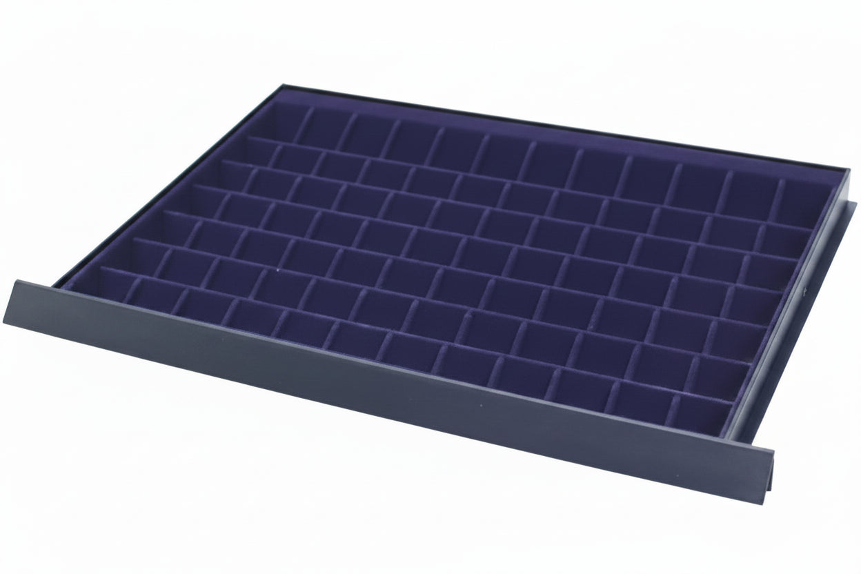Coin display drawer tray with blue velvet interior, and multiple compartments on a white background.