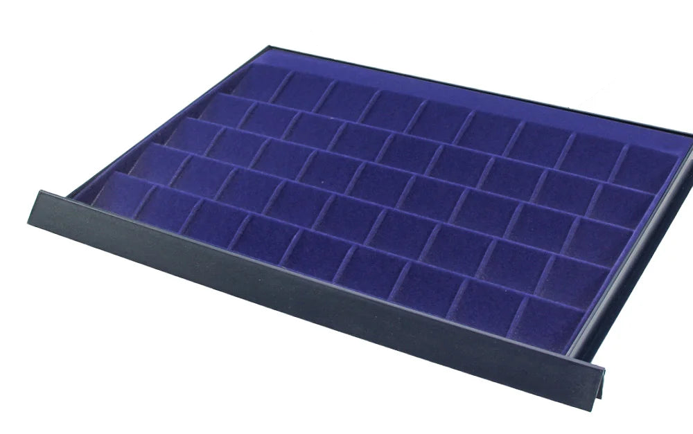 Coin display drawer tray with blue velvet interior, and multiple compartments on a white background.
