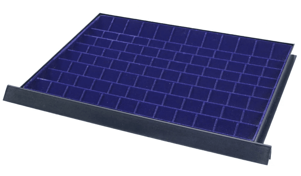 Coin display drawer tray with blue velvet interior, and multiple compartments on a white background.