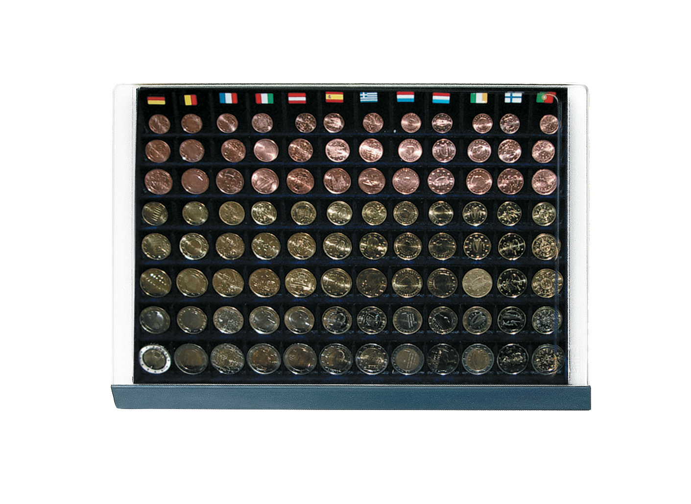 Overhead image of a coin display drawer unit with a clear acrylic casing and blue interior, containing Euro Sets from different countries on a white background.