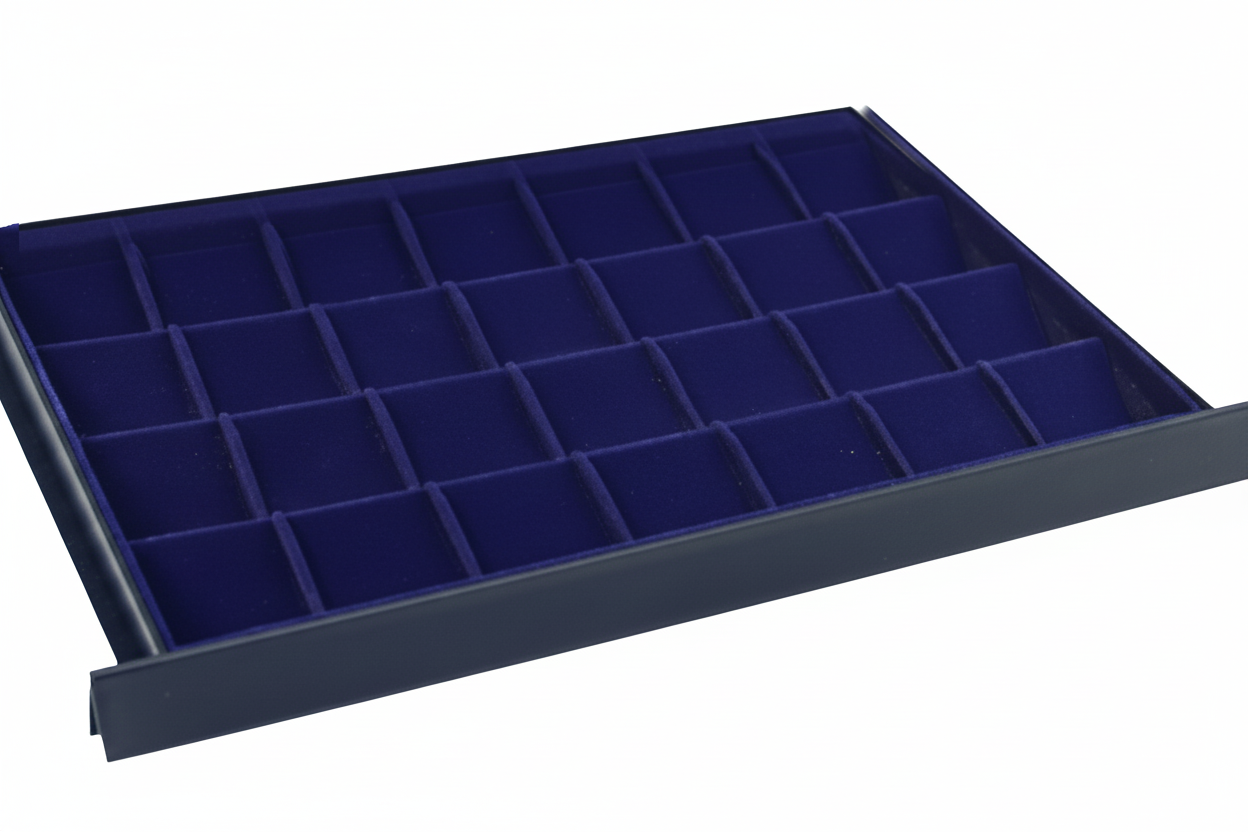 Coin display drawer tray with blue velvet interior, and multiple compartments on a white background.