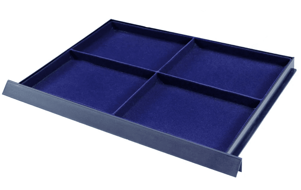 Blue coin collection tray with 4 compartments on a white background