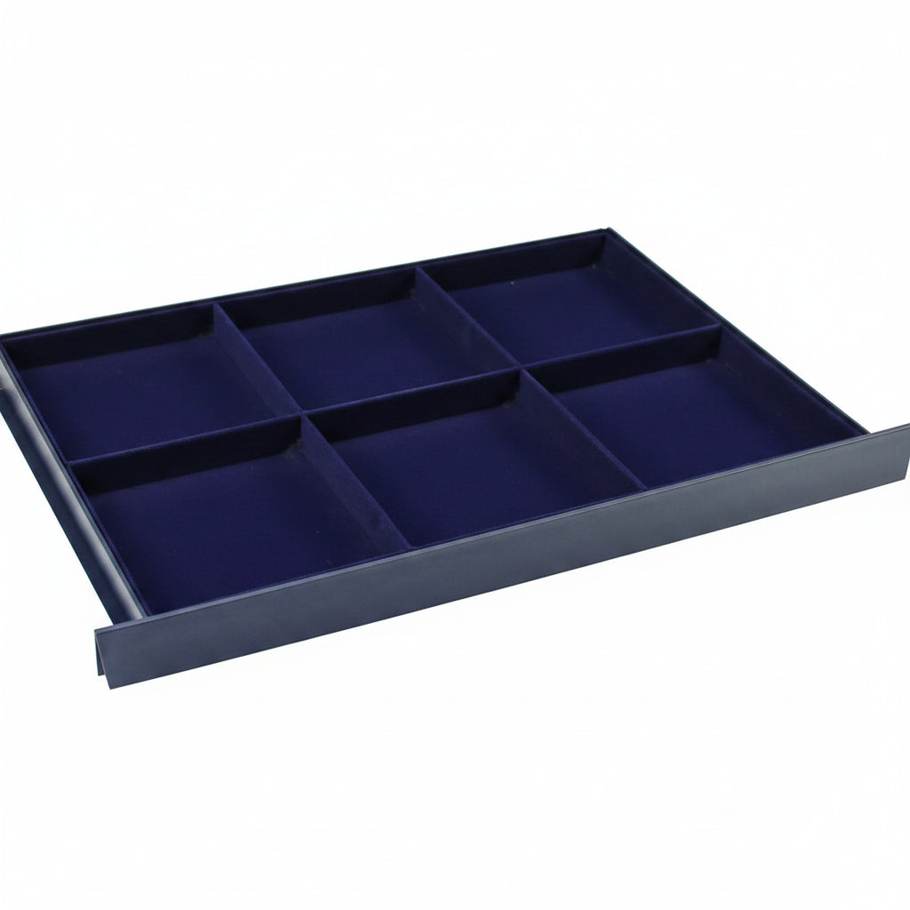 Blue coin drawer tray with 6 compartments on a white background
