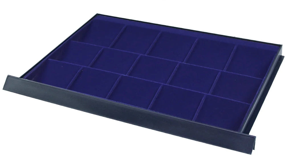 Coin display drawer tray with blue velvet interior, and multiple compartments on a white background.
