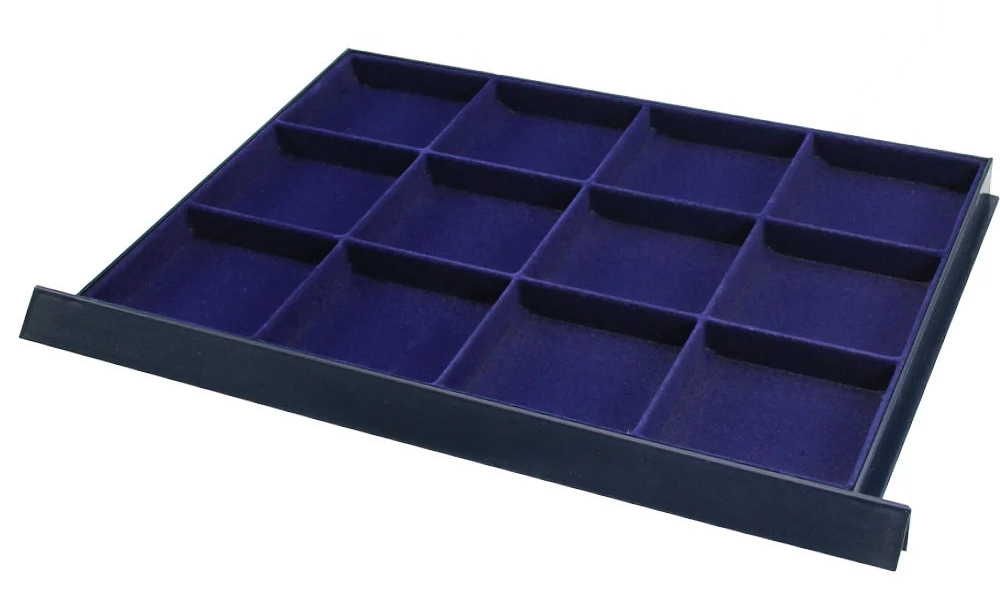 Blue coin drawer tray with 9 compartments on a white background