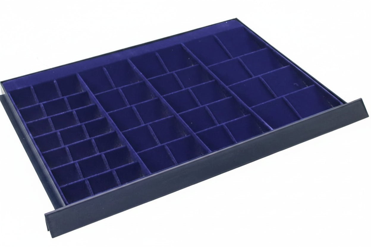Coin display drawer tray with blue velvet interior, and multiple compartments on a white background.