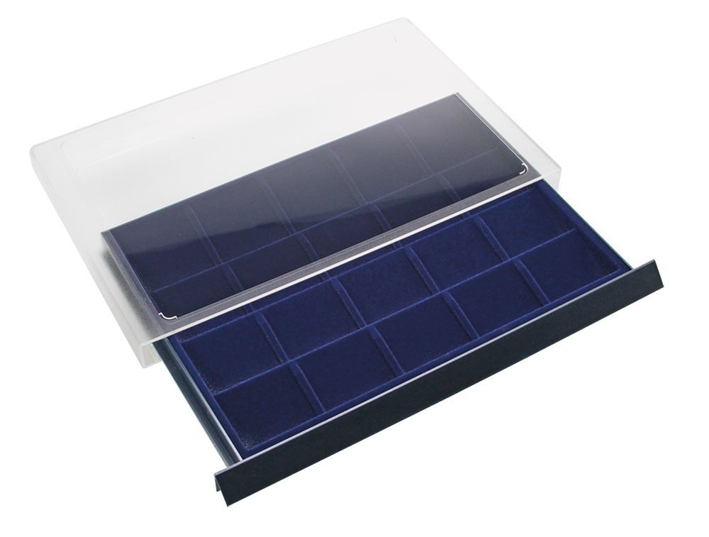 Coin display drawer unit with a clear acrylic casing and blue velvet interior on a white background.