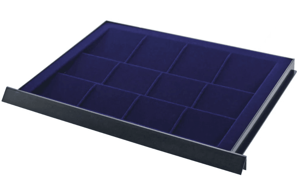 Coin display drawer tray with blue velvet interior, and multiple compartments on a white background.