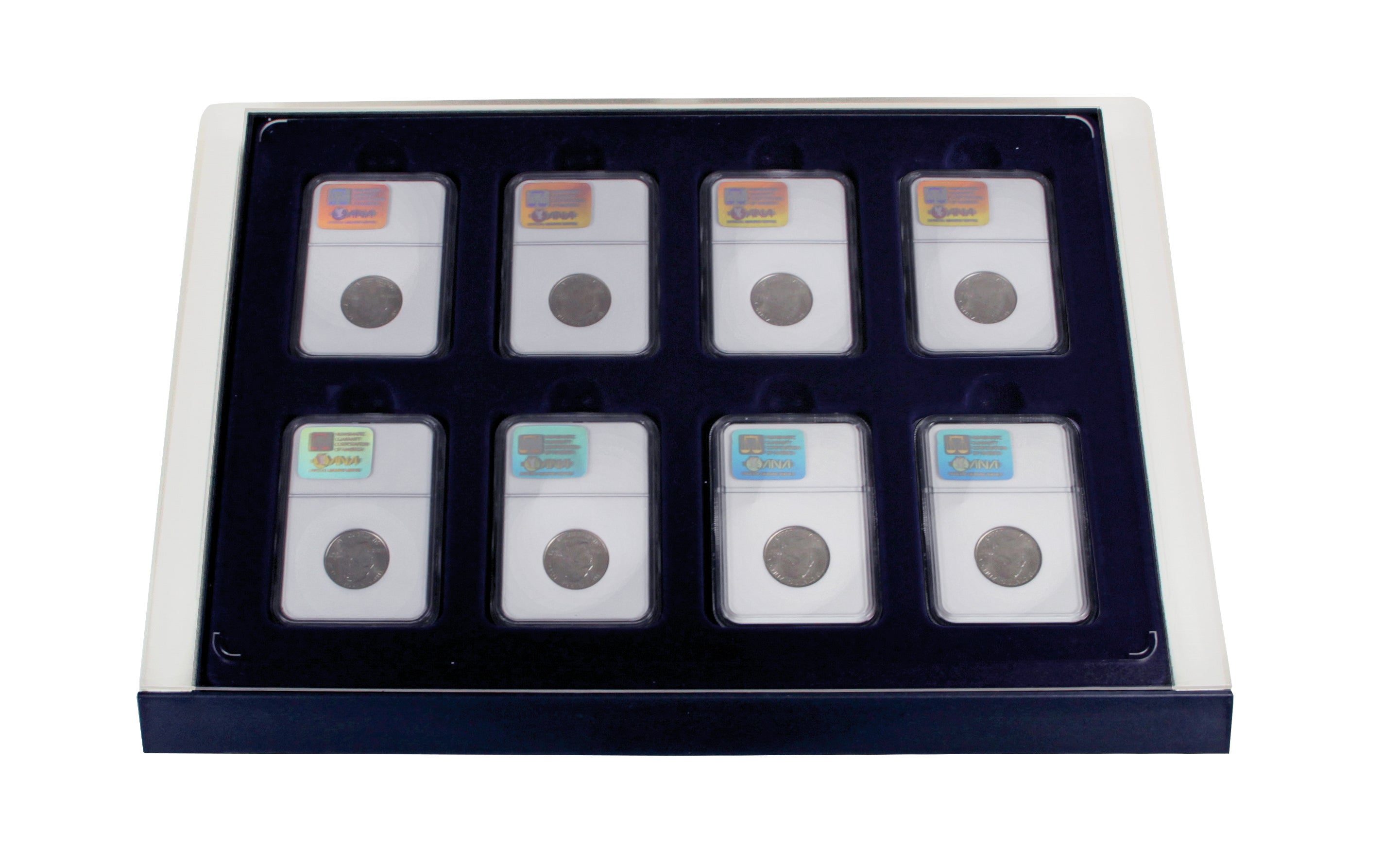Overhead image of a coin display drawer unit with a clear acrylic casing and blue interior, containing a graded coin slabs on a white background.