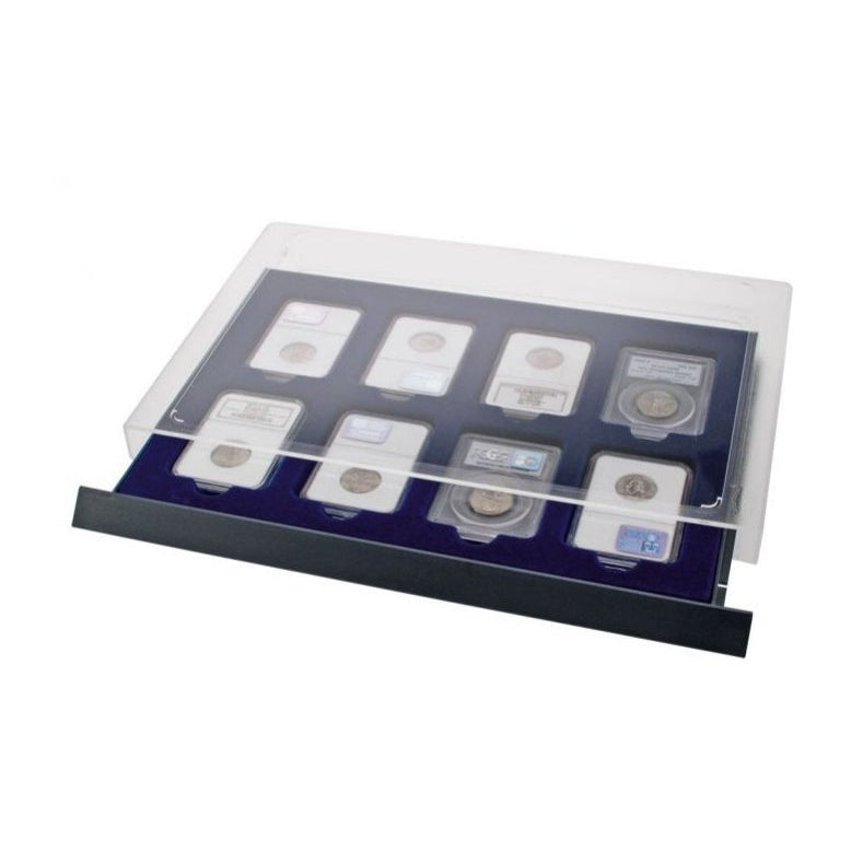 Coin display drawer unit with a clear acrylic casing and blue interior, containing a graded coin slabs on a white background.