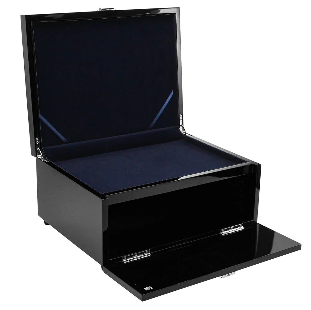 Black coin collection box with open lid on a white background