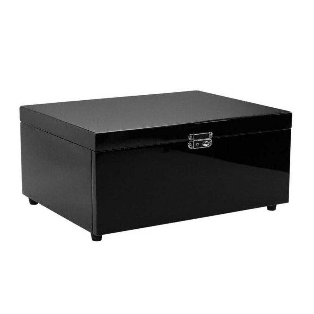Black rectangular coin box with a lid on a white background