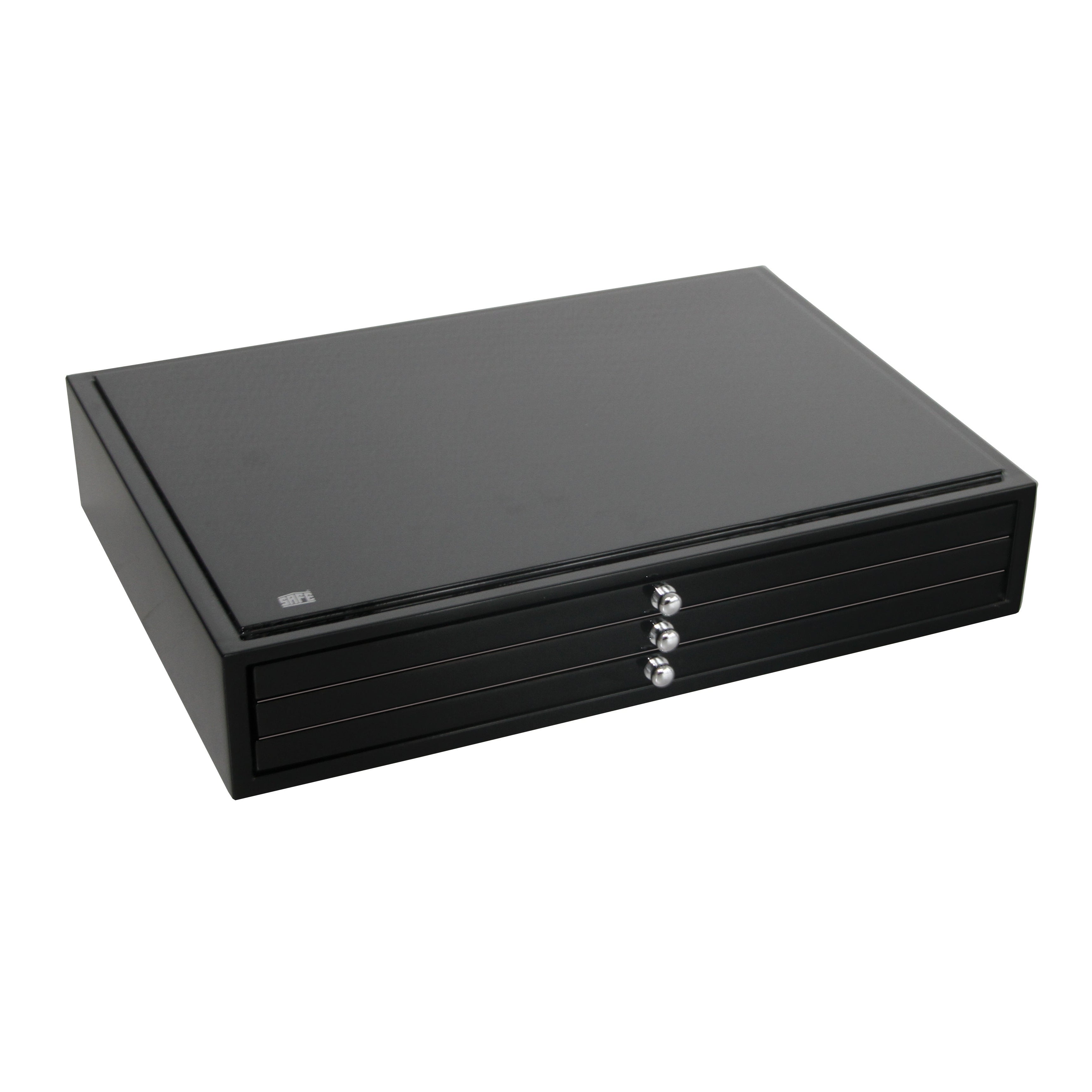 Black Designer coin stackable coin drawers on a white background