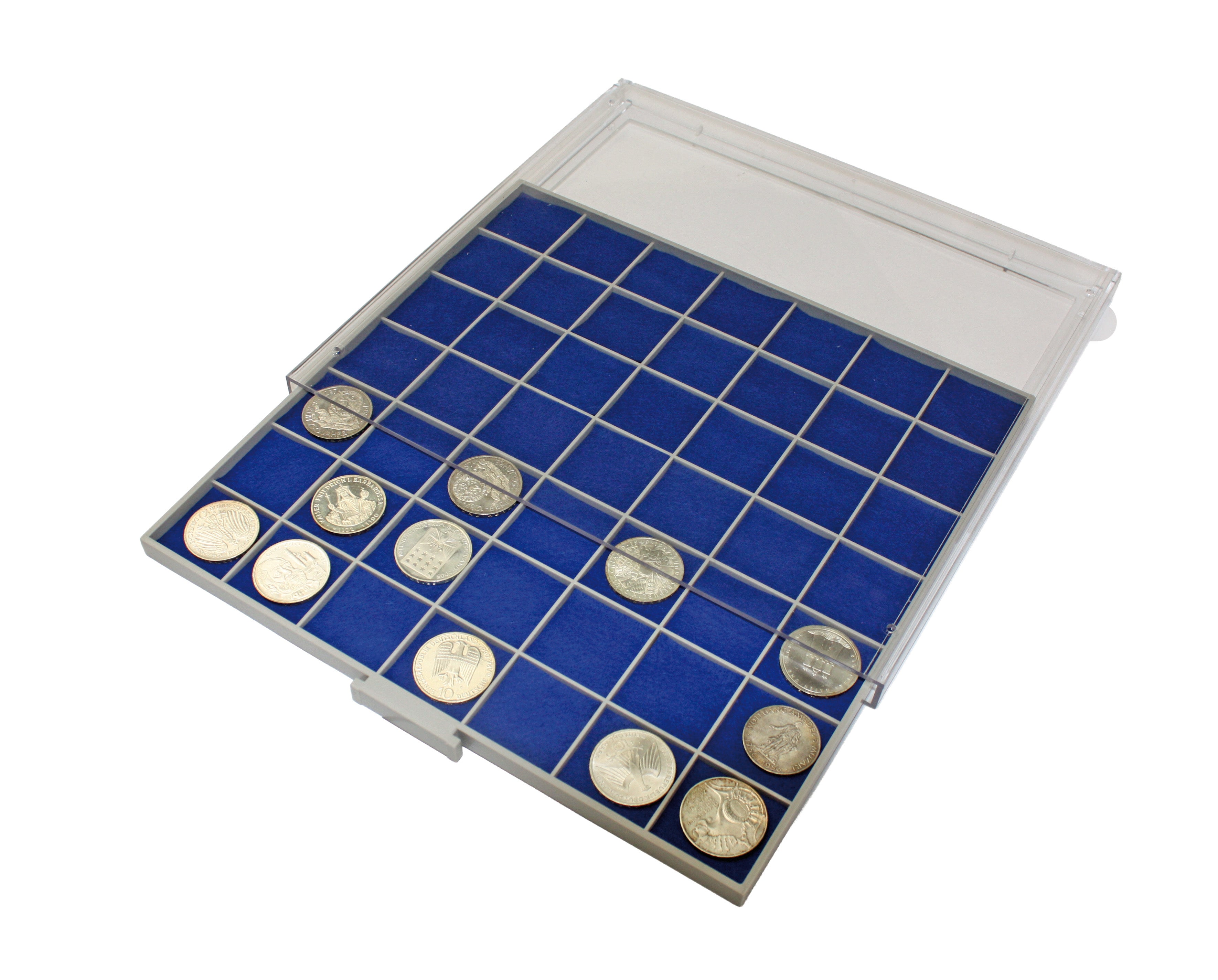 Coin storage drawer unit with a clear acrylic casing and a grey drawer with blue felt inserts & silver coins on a white background.