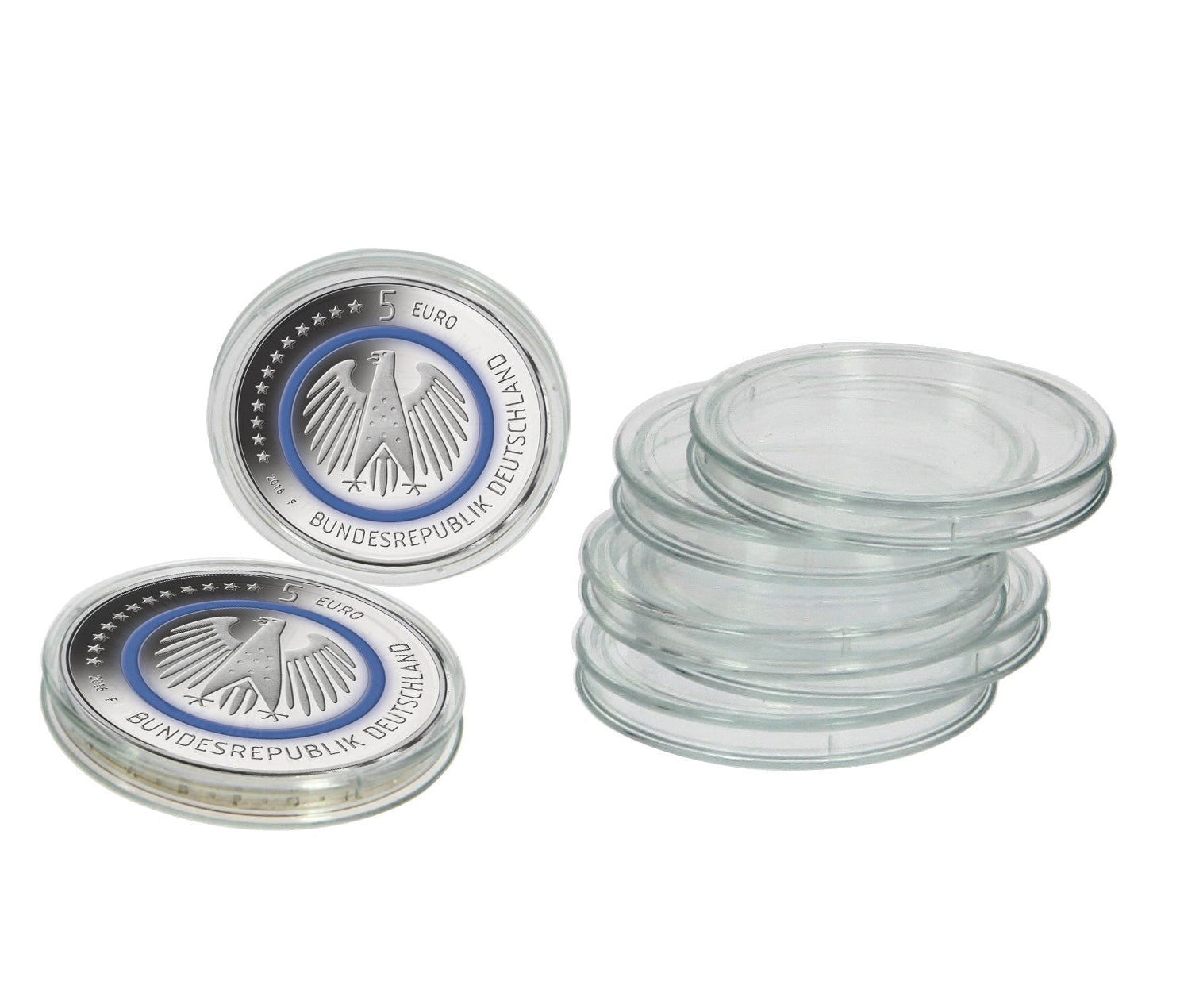 Two silver euro coins with a blue emblem inside SAFE airtight coin capsules, alongside a stack of empty airtight coin capsules on a white background.