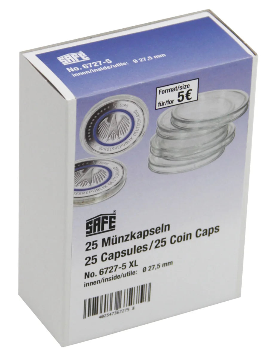 Box of SAFE coin capsules with an image of clear capsules on a white background