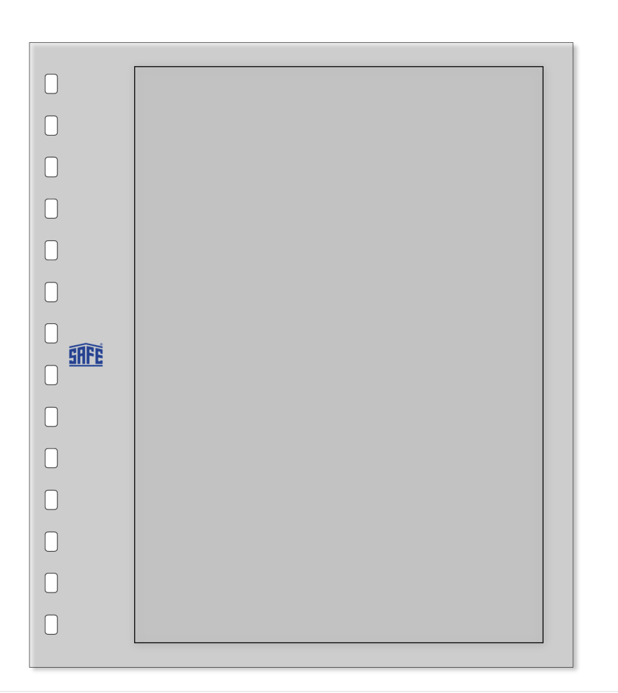 Illustration representing a grey album exhibit page with a black border & the SAFE logo on a white background