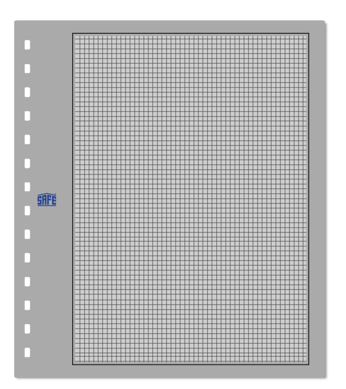 Illustration representing a grey album exhibit page with a black border, grid & the SAFE logo on a white background