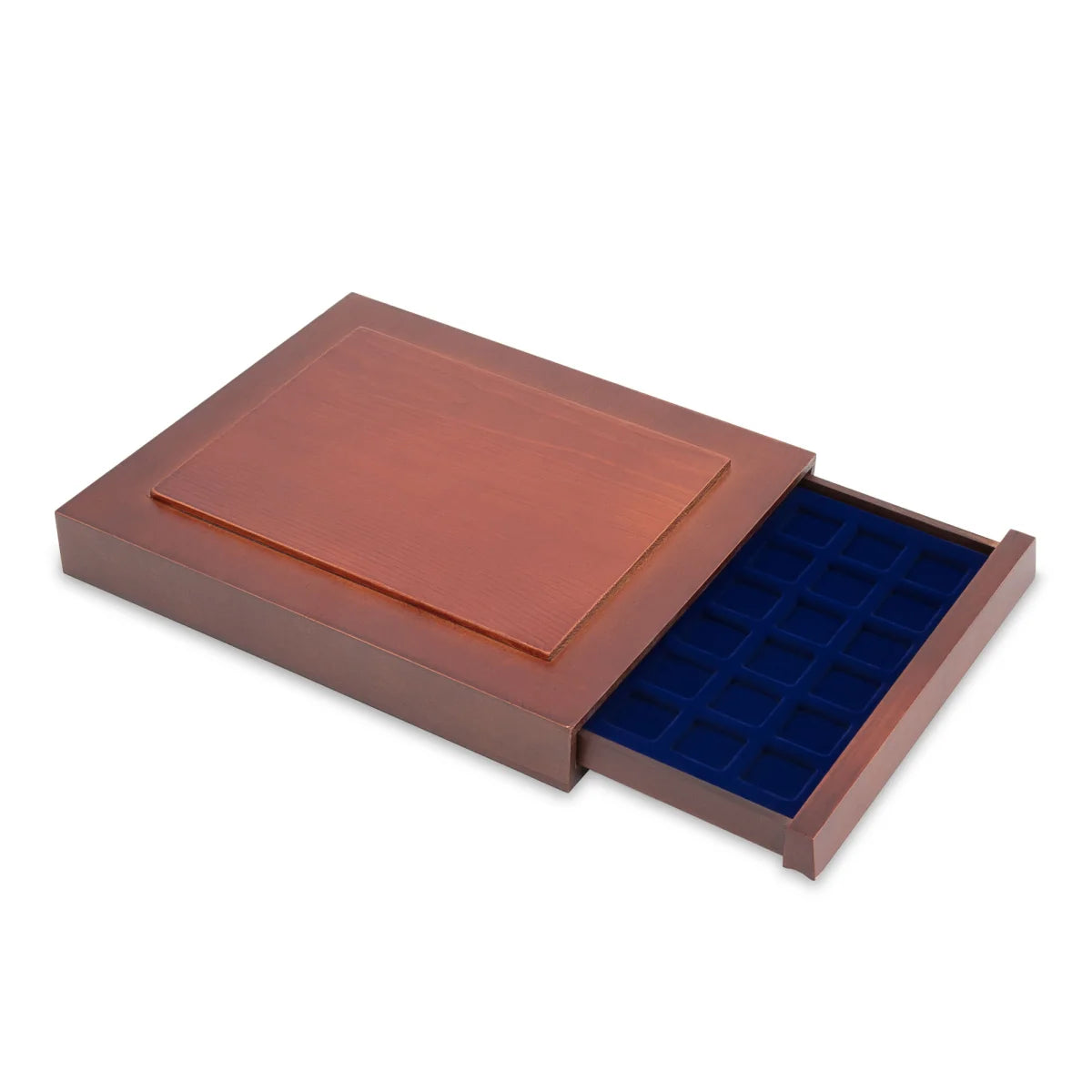 Open wooden stackable drawer unit with a blue velvet tray with square compartments for coins on a white background