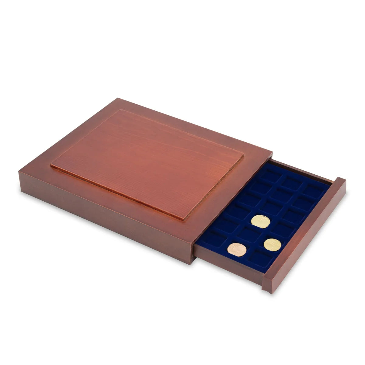 Open wooden stackable drawer unit with a blue velvet tray with square compartments for coins on a white background