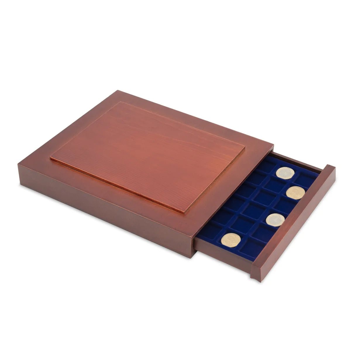 Open wooden stackable drawer unit with a blue velvet tray with square compartments for coins on a white background