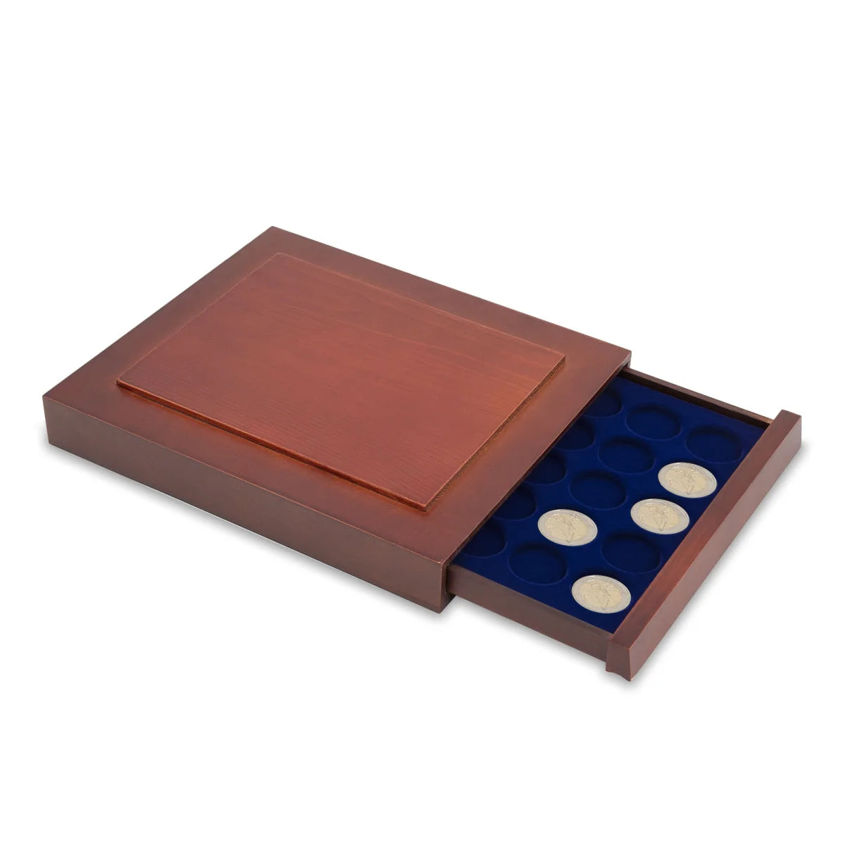 Open wooden stackable drawer unit from with a blue velvet tray with circular compartments for coins on a white background