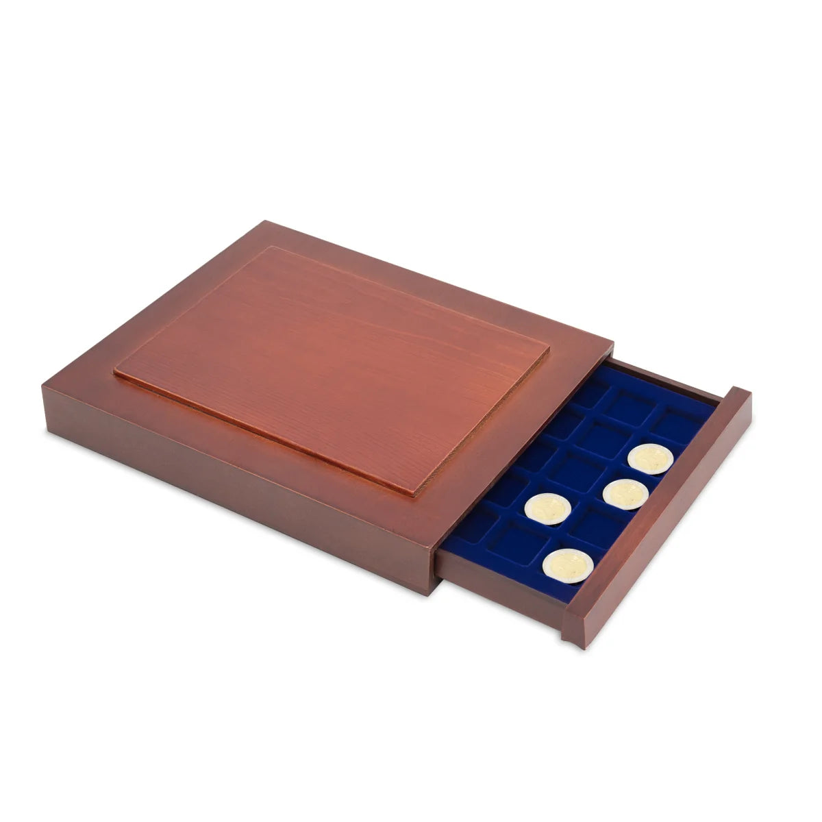 Open wooden stackable drawer unit with a blue velvet tray with square compartments for coins on a white background
