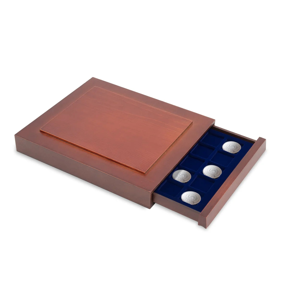 Open wooden stackable drawer unit with a blue velvet tray with square compartments for coins on a white background