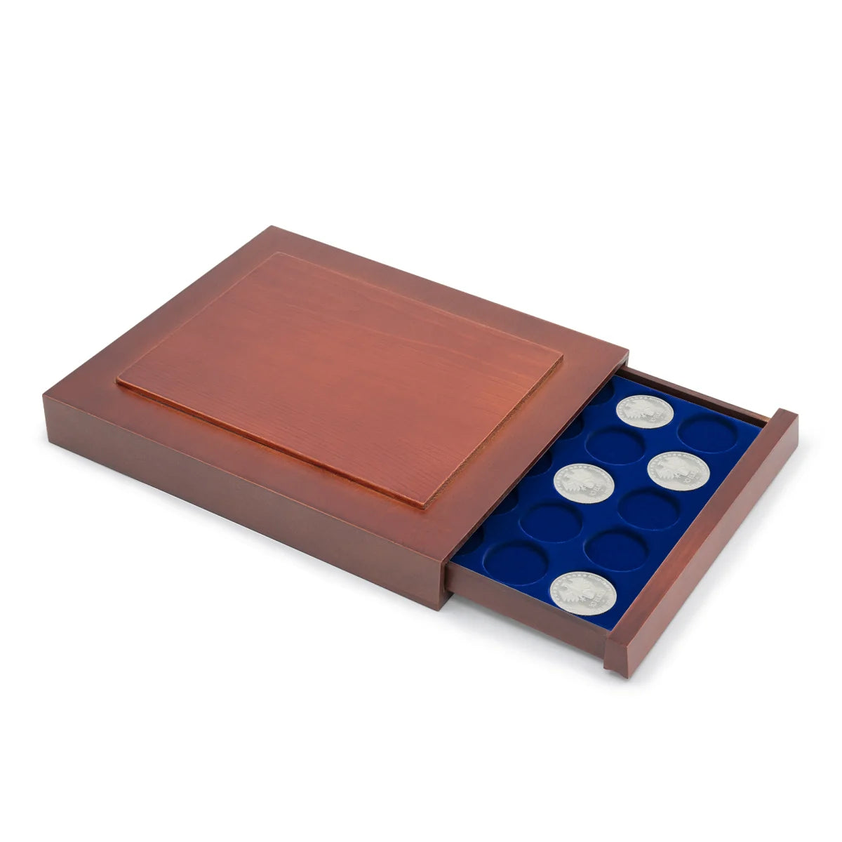 Open wooden stackable drawer unit with a blue velvet tray with circular compartments for coins on a white background