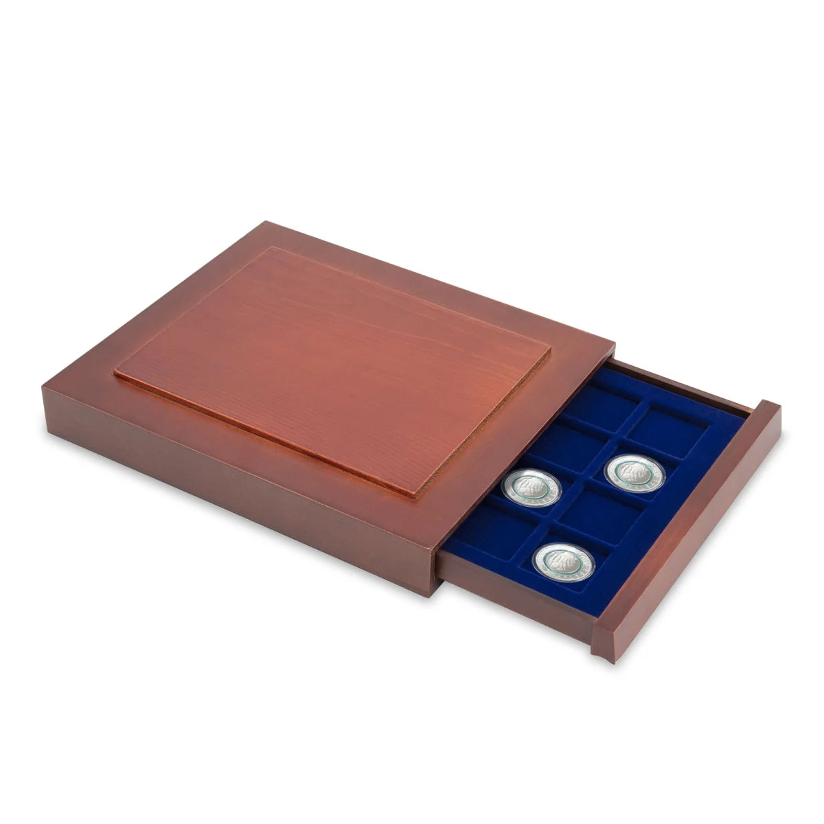 Open wooden stackable drawer unit with a blue velvet tray with square compartments for coins on a white background