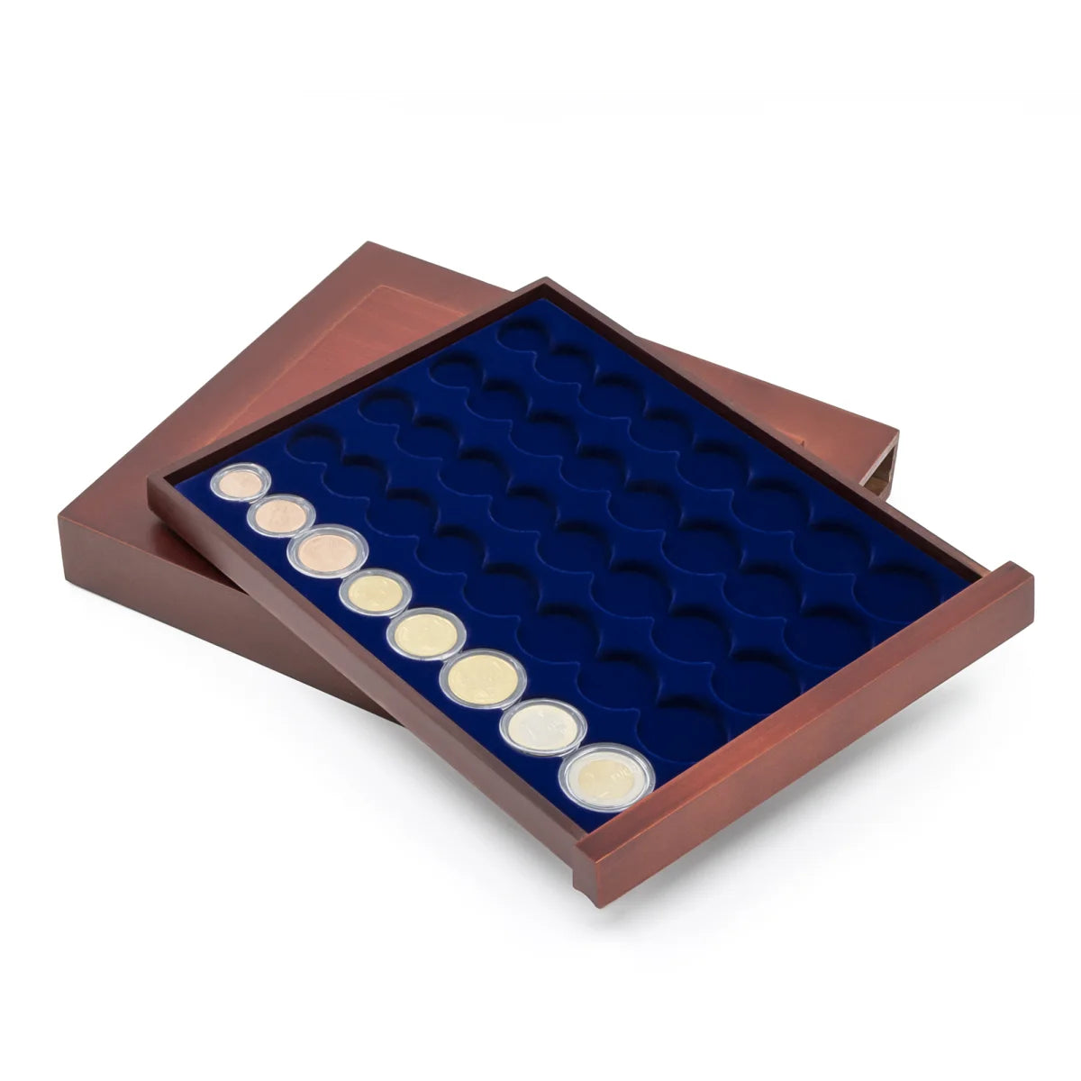 Wooden drawer removed from the stackable drawer unit with a blue velvet tray for Euro coin sets in capsules on a white background