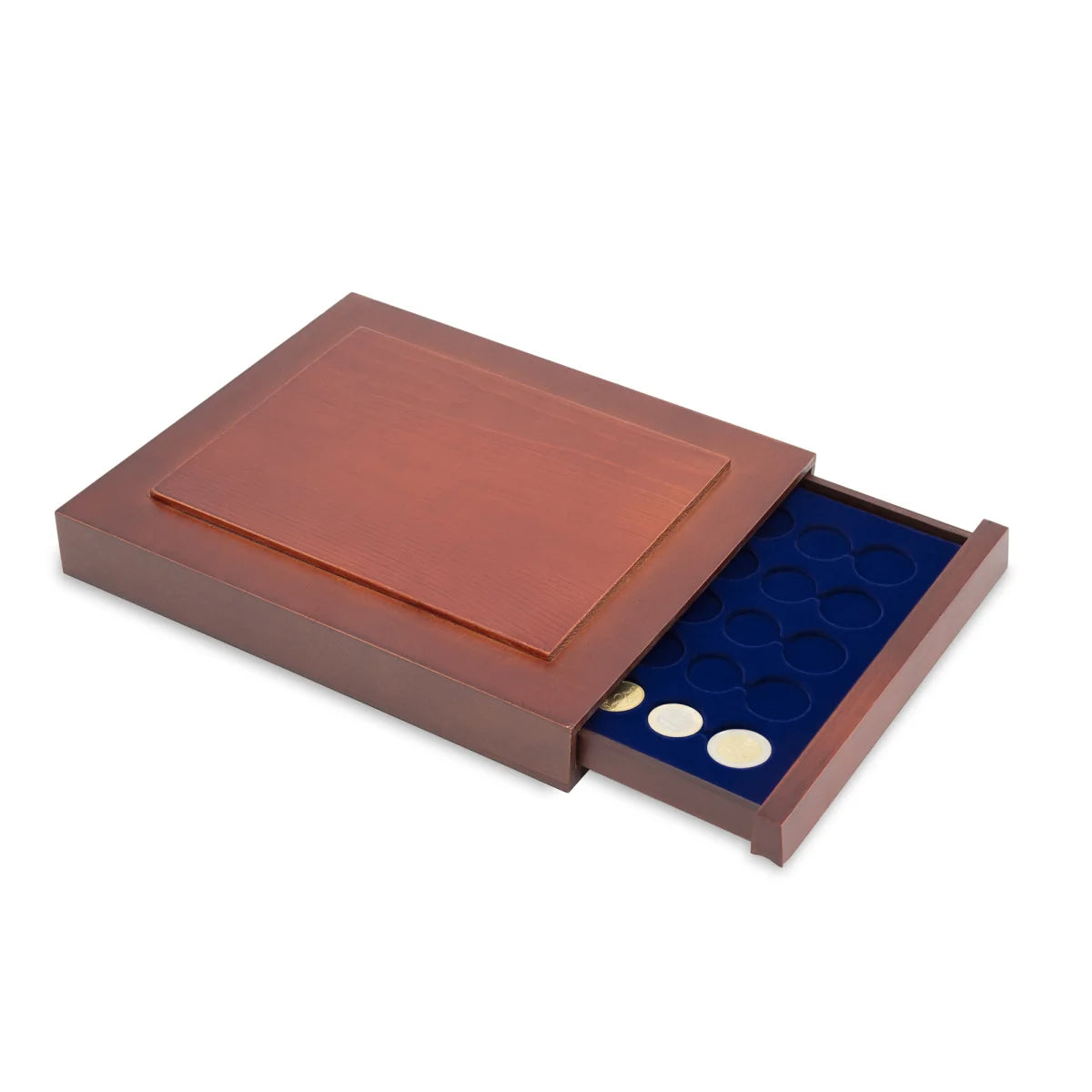 Open wooden stackable drawer unit with a blue velvet tray for euro coin sets on a white background
