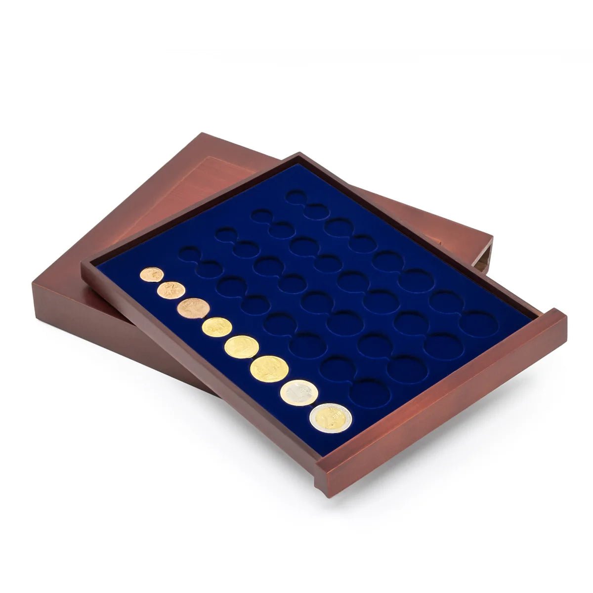 Wooden drawer removed from the stackable drawer unit with a blue velvet tray for Euro coin sets on a white background