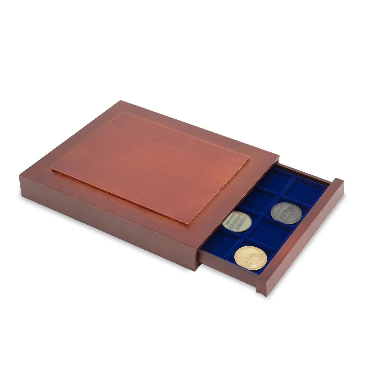 Open wooden stackable drawer unit with a blue velvet tray with square compartments for coins on a white background