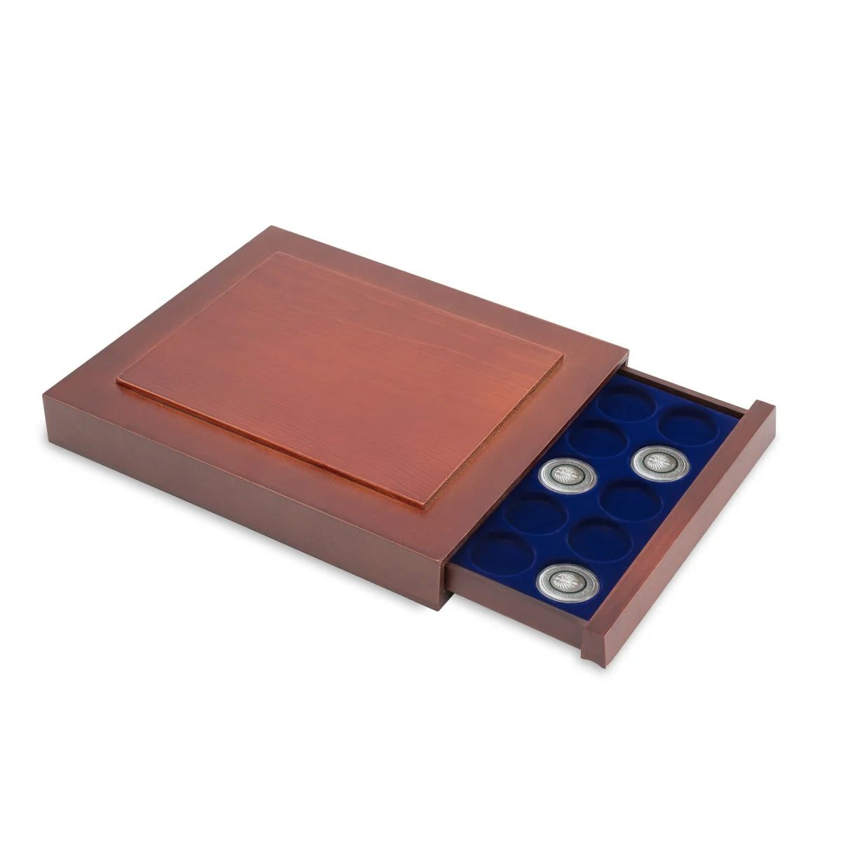 Open wooden stackable drawer unit with a blue velvet tray with circular compartments for coins on a white background