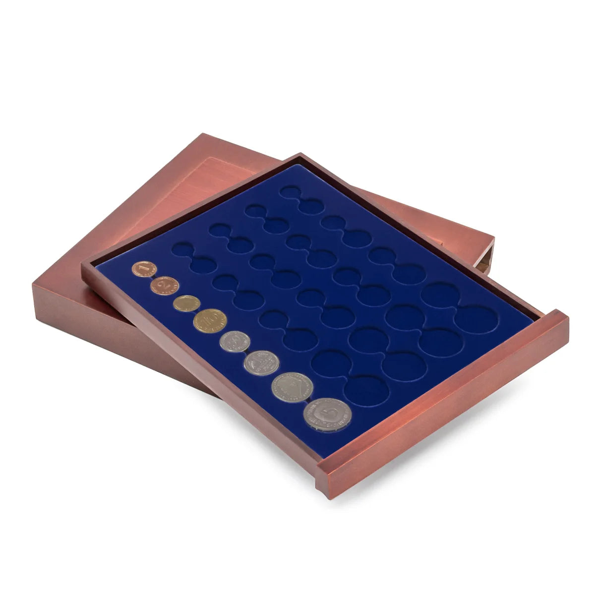Wooden drawer removed from the stackable drawer unit with a blue velvet tray for Euro coin sets on a white background