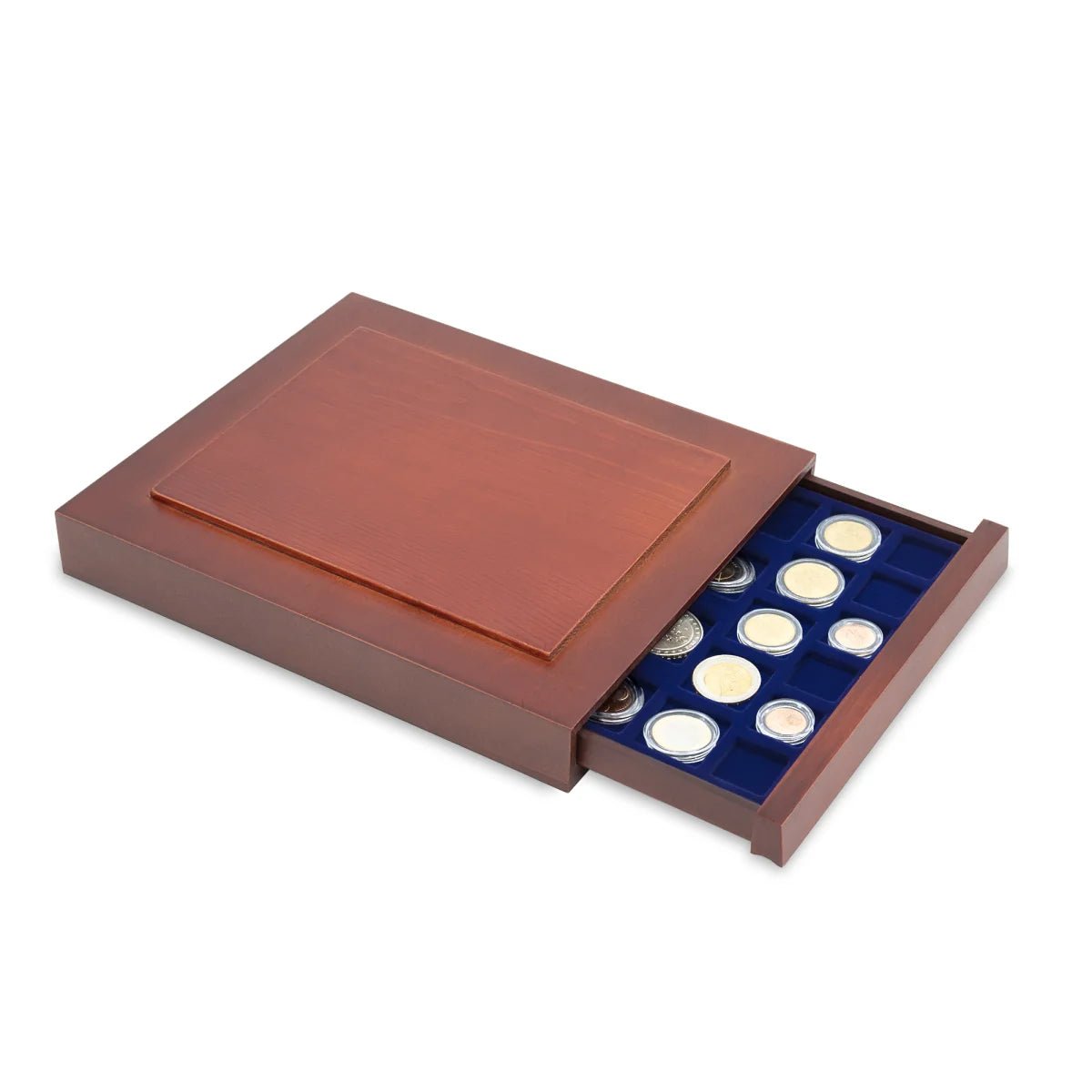 Open wooden stackable drawer unit with a blue velvet tray with a mixed coin collcection on a white background
