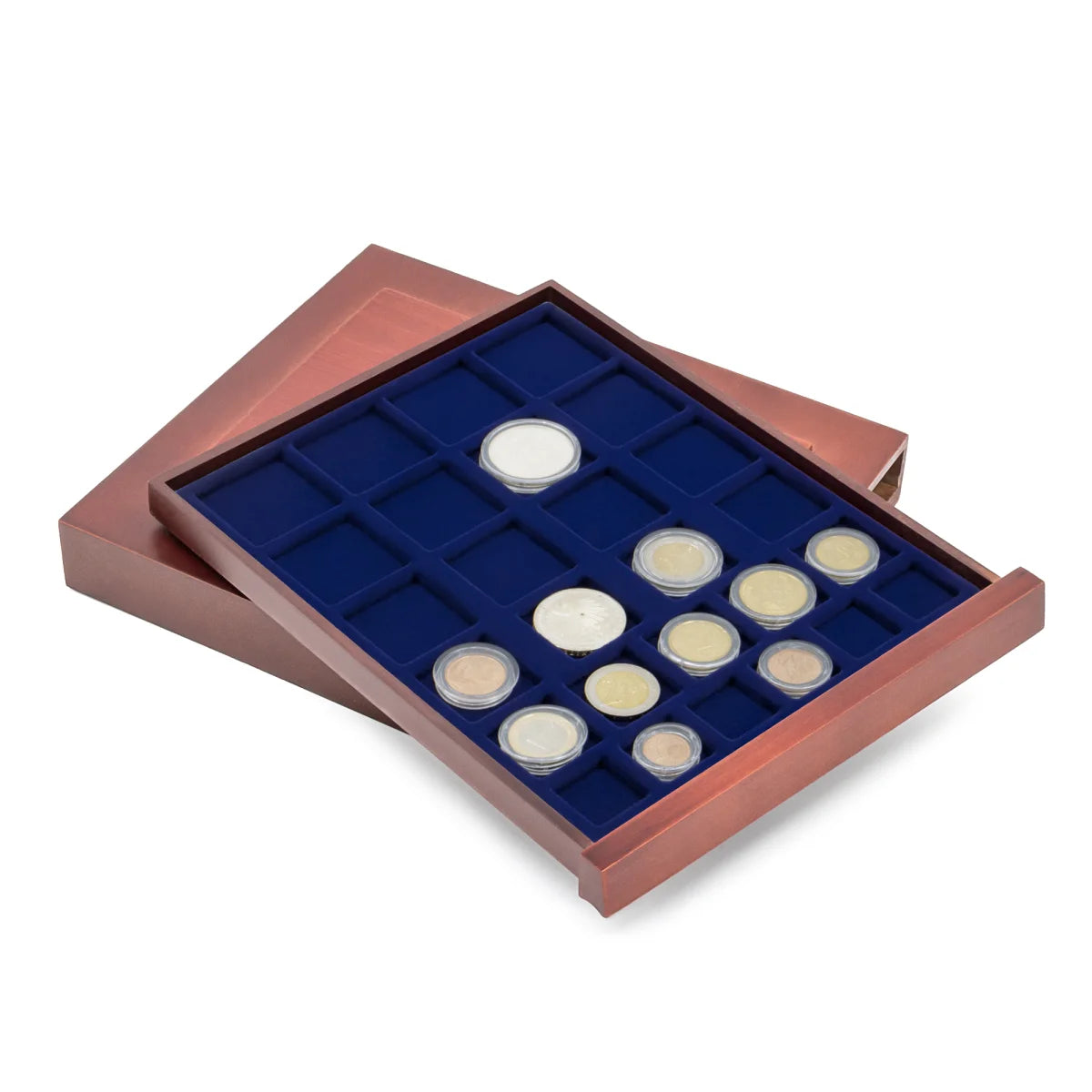 Wooden drawer removed from the stackable drawer unit with a blue velvet tray for mixed coin collections on a white background