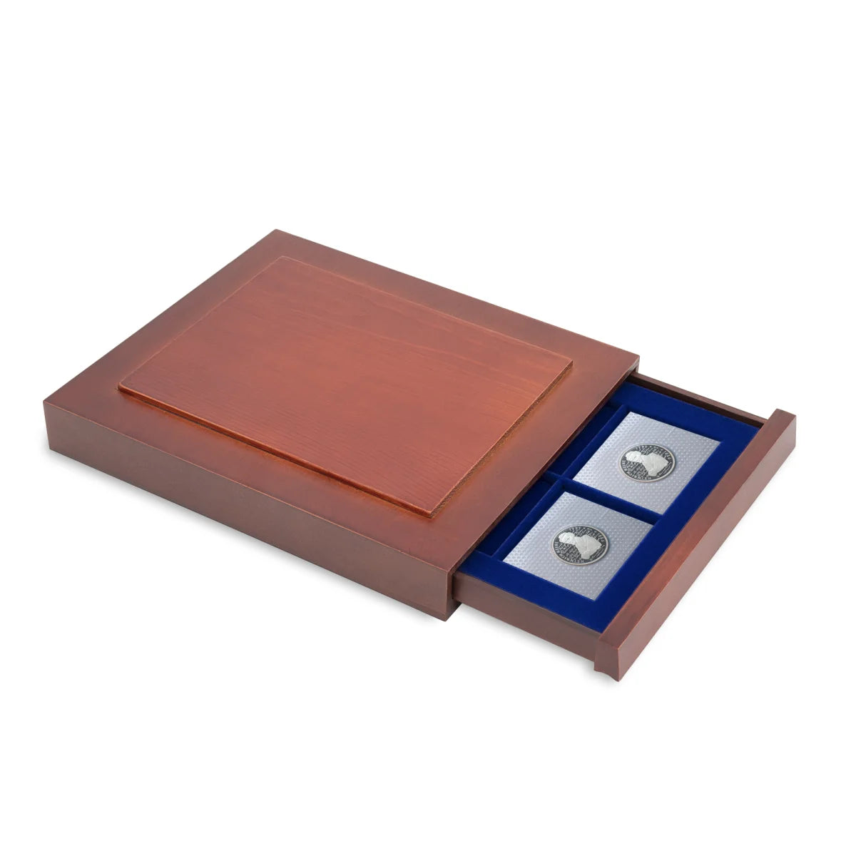 Open wooden stackable drawer unit with a blue velvet tray for coin cards on a white background