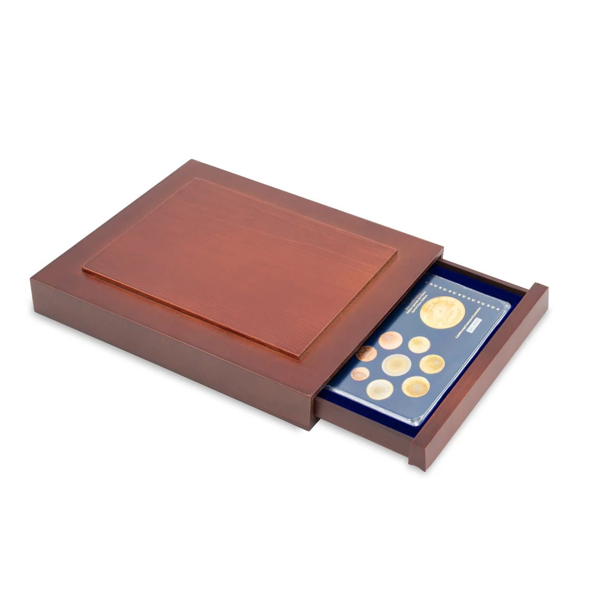 Open wooden stackable drawer unit with a blue velvet tray for coin proof sets on a white background
