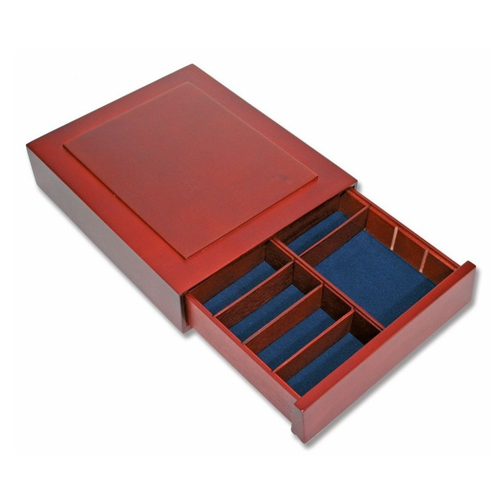 Empty open wooden stackable drawer with compartments on a white background