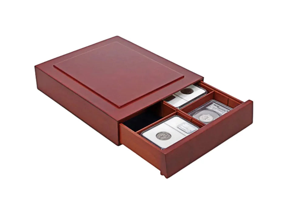 Open wooden stackable drawer with 2x2 graded coin slabs on a white background