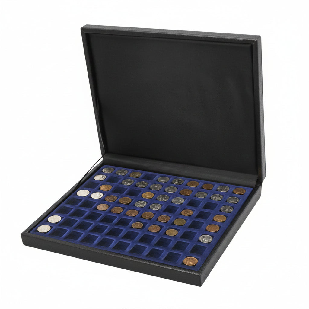 A collection of small coins in blue velvet tray in an open black leather coin presentation case, on a white background.
