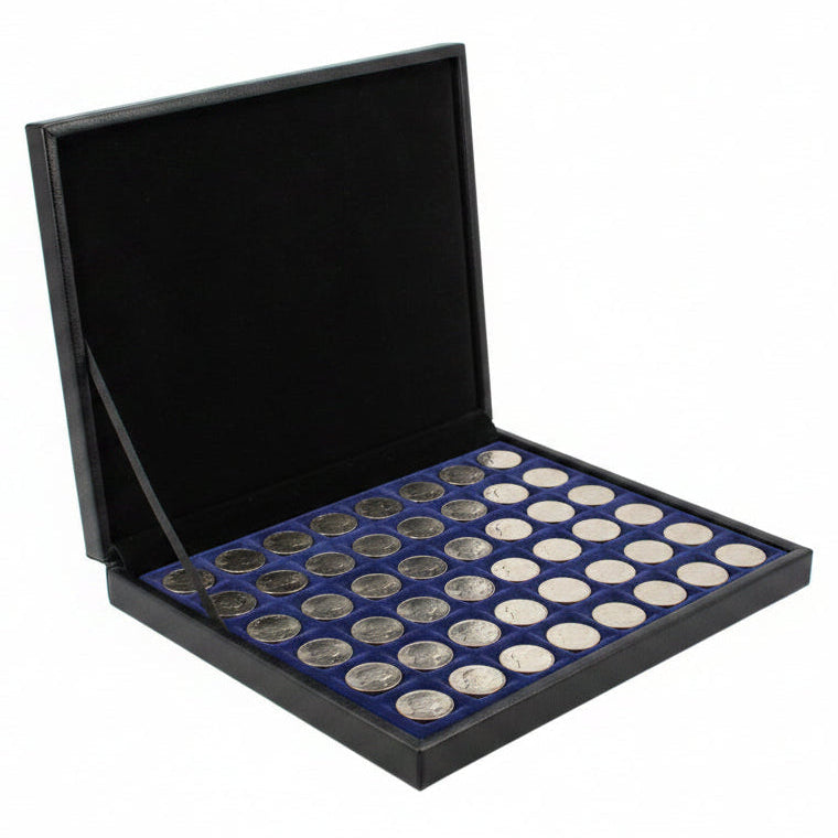 A collection of nickels in a blue velvet tray in an open black leather coin presentation case, on a white background.
