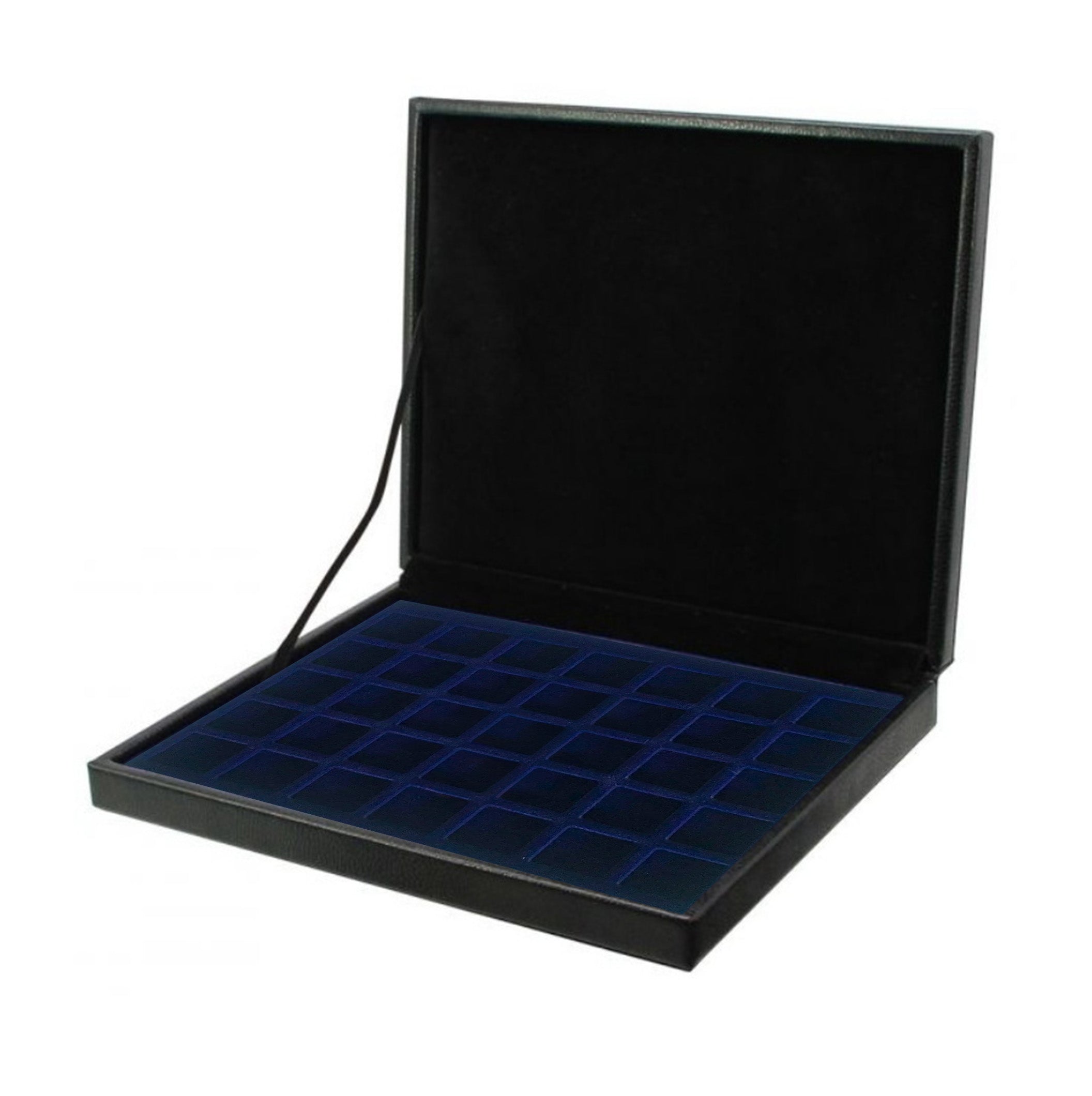 A blue velvet tray in an open black leather coin presentation case, on a white background.