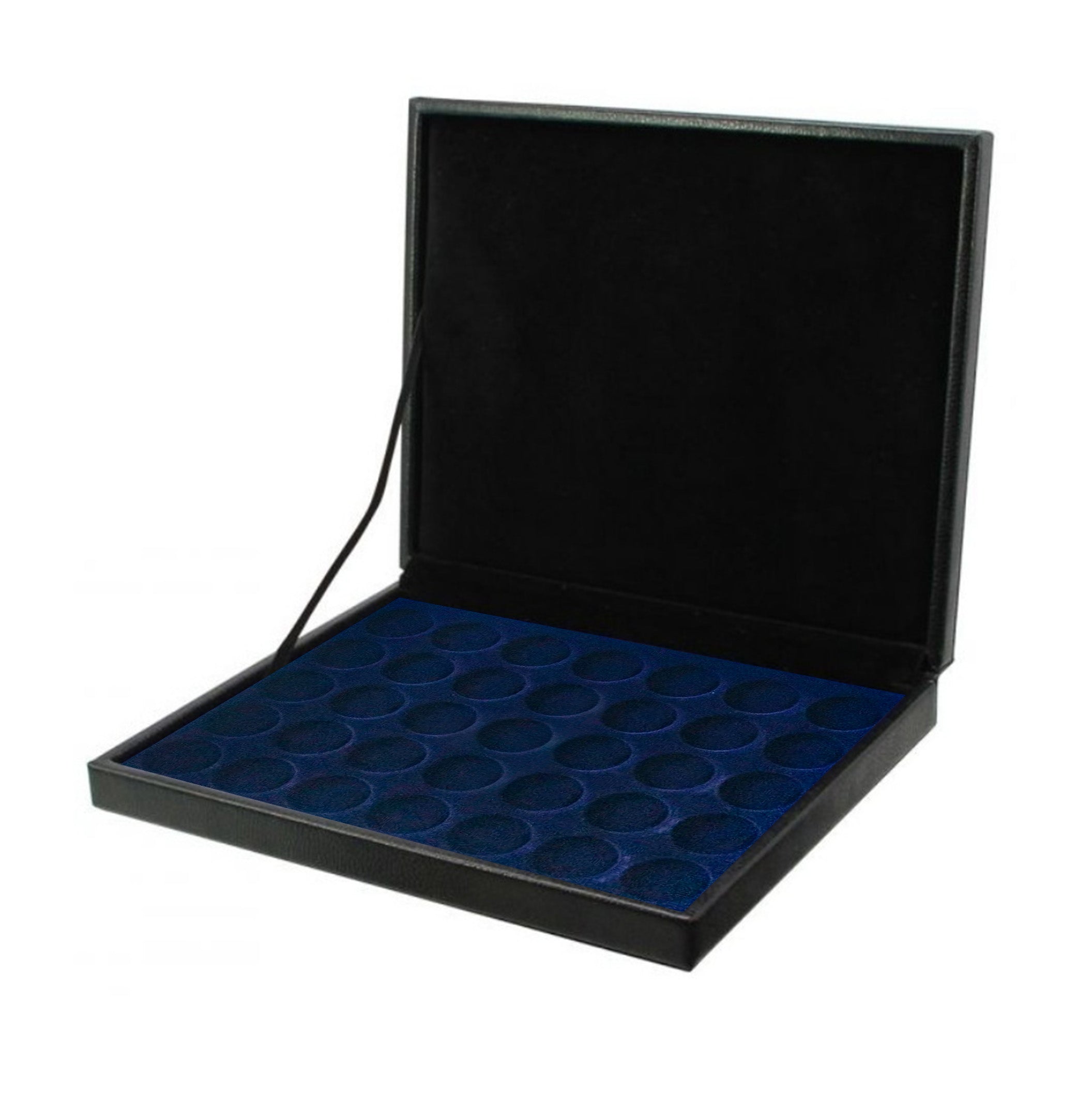 A blue velvet tray in an open black leather coin presentation case, on a white background.